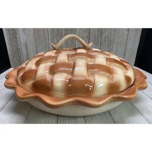 Vtg Ceramic Covered Pie Plate Bell Style Country Pig Design 11" DIA Glossy Lid